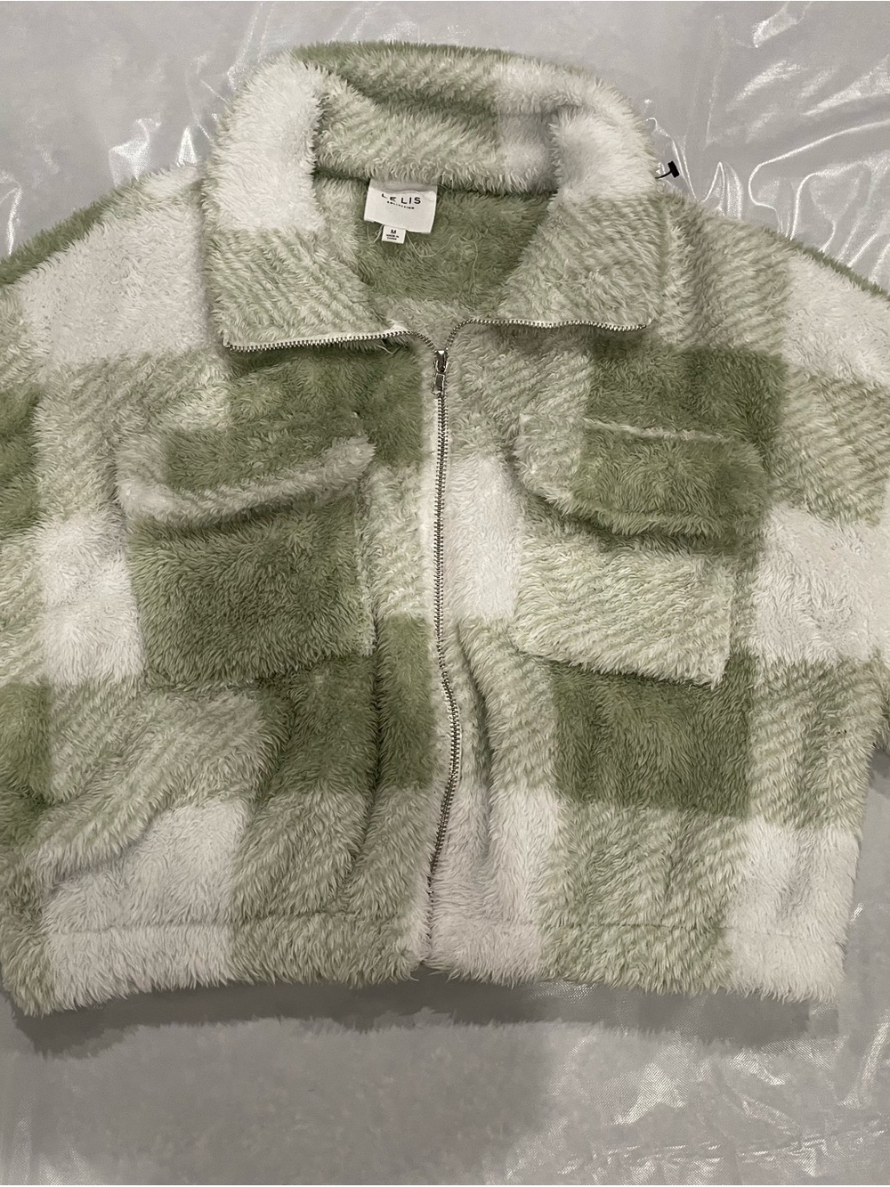 Le Lis Green & White Plush Check Zip Jacket
